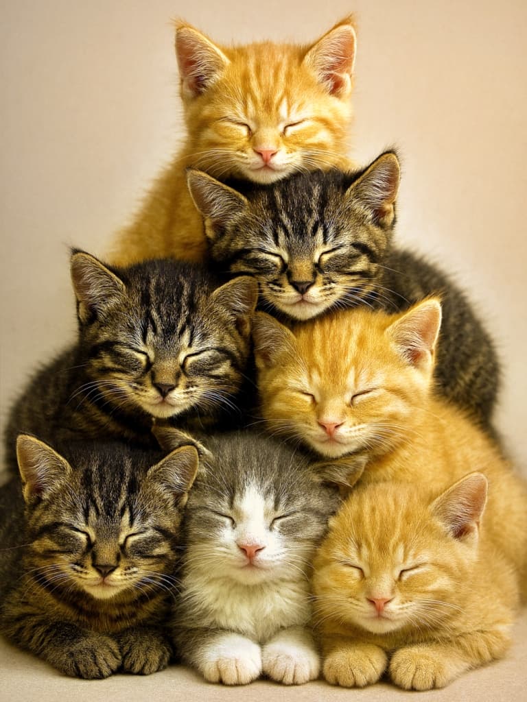 「にゃんこピラミッド☆夢の安らぎ」Seven sleeping kittens arranged in a true pyramid formation, nestled closely with eyes closed and relaxed expressions. The group includes orange tabbies, dark tabbies, and other natural fur variations. Soft warm lighting and realistic fur textures enhance the peaceful vertical composition. 7匹の子猫が本物のピラミッド型に寄り添って眠る縦構図の写真。オレンジやダークタビーなど自然な毛色の子猫たちが目を閉じ、穏やかな表情で重なり合う。柔らかな暖色の光とリアルな毛並みが、静かな雰囲気を際立たせている