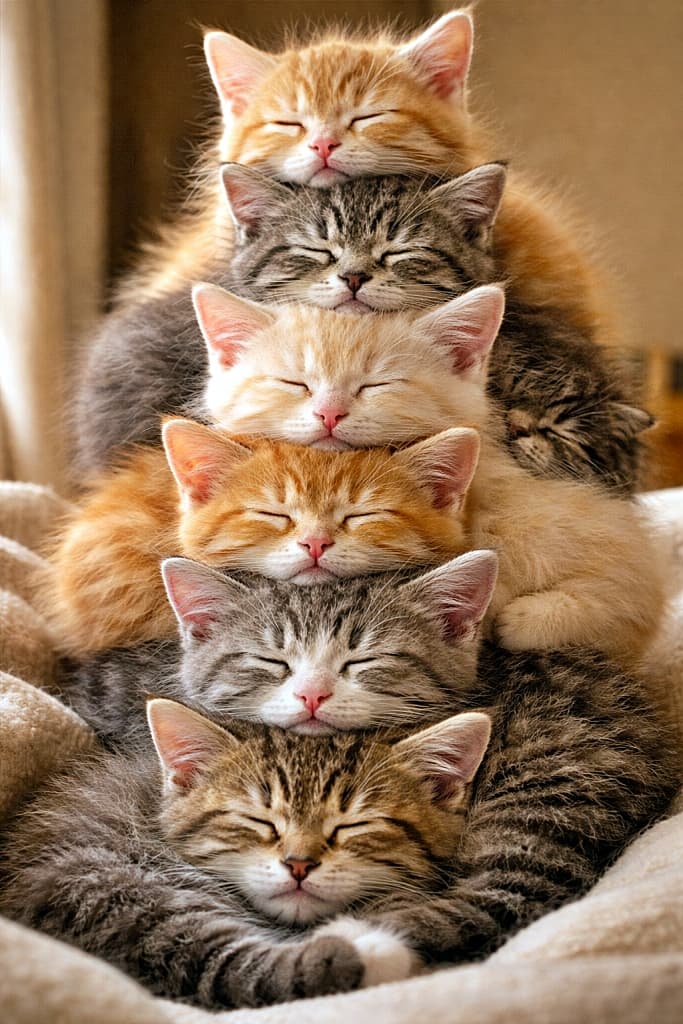 Seven sleeping kittens stacked vertically in a pyramid formation, nestled closely together with relaxed expressions under soft, warm lighting. 7匹の子猫がピラミッド状に縦に重なり、寄り添いながら穏やかな表情で眠っている様子。柔らかく暖かな光に包まれている