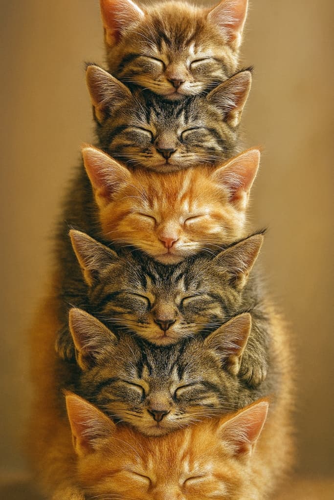 Six sleeping kittens stacked vertically in a single column. Orange and dark tabbies with closed eyes and relaxed faces, warmly lit in soft, cozy tones. 6匹の子猫が縦に積み重なって眠っている。茶トラと黒トラが混在し、全員が目を閉じて穏やかな表情。柔らかな暖色の光が温もりを演出