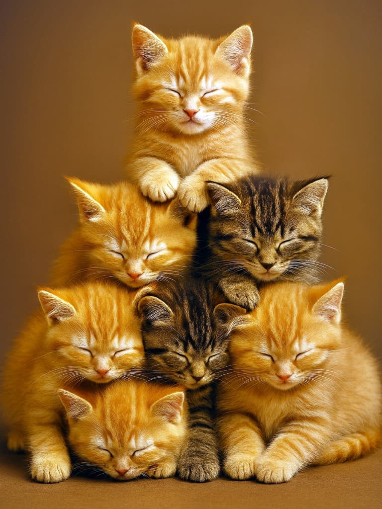 A pyramid-shaped stack of six sleeping kittens—three on the bottom, two in the middle, one on top—gently leaning against each other in a triangular formation. A mix of orange and brown tabbies, all with eyes closed, nestled together under warm lighting against a soft brown background. 三角形フォーメーションで積まれた6匹の子猫。下段に3匹、中段に2匹、上段に1匹が眠って寄り添い、茶トラとキジトラがふんわりと重なり合う。柔らかな茶色の背景と暖かい光に包まれた癒しの構図