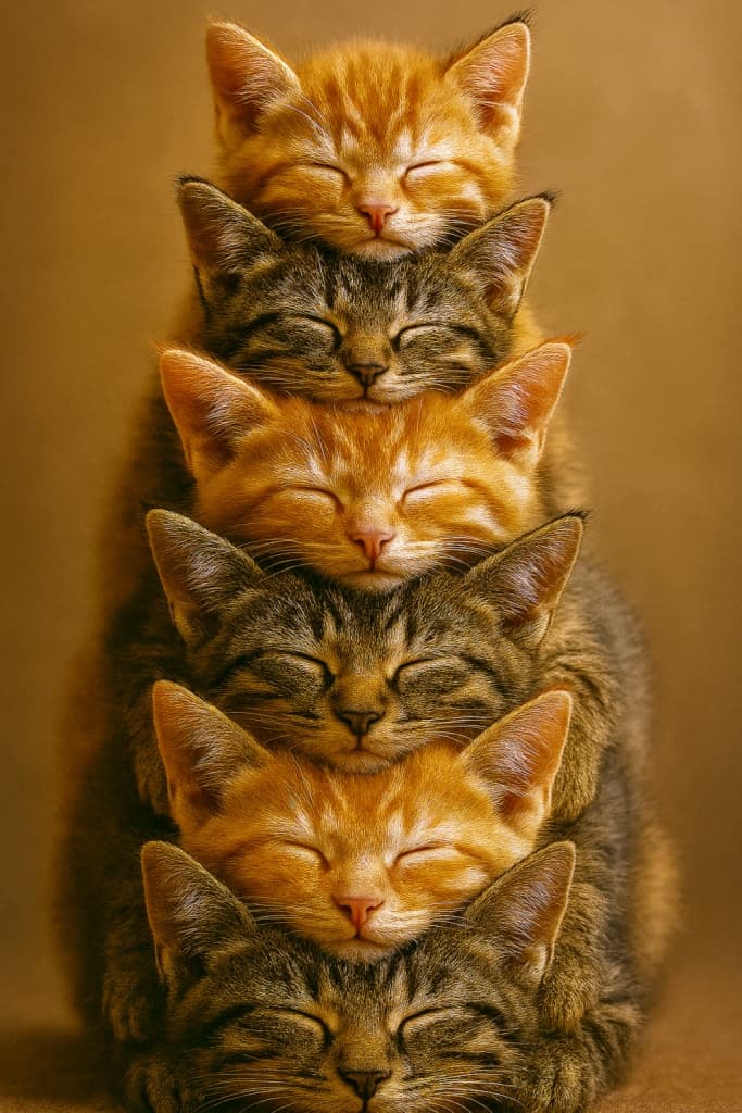 Six sleeping kittens stacked vertically in a tower-like formation, alternating between orange tabby and brown tabby. Each kitten has closed eyes and a peaceful expression, with heads gently resting atop one another. Warm brown background and soft lighting enhance the cozy, symmetrical composition. 茶トラと黒トラの子猫が交互に並び、6匹が縦に積み重なって眠っている。全員目を閉じて穏やかな表情をしており、頭を優しく重ね合っている。背景は暖かい茶系で、柔らかな光が構図の心地よさと対称性を引き立てている