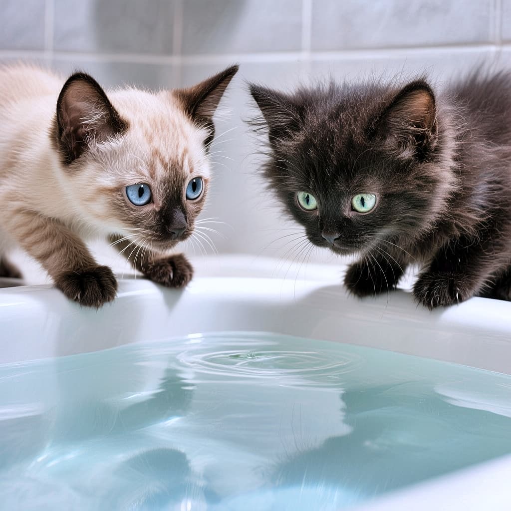 「「これニャに？」お風呂のお水に興味津々！青い目と緑の目がキラキラ輝く、ドキドキの探検タイム」Close-up of a Siamese kitten with blue eyes and a fluffy black kitten with green eyes peering intently over the edge of a white bathtub filled with water. Their reflections are visible in the clear water. 水が張られたバスタブの縁から、興味津々で中を覗き込んでいるシャム猫とふわふわの黒猫のクローズアップ。シャム猫は青い目、黒猫は緑色の目をしており、水面を見つめている
