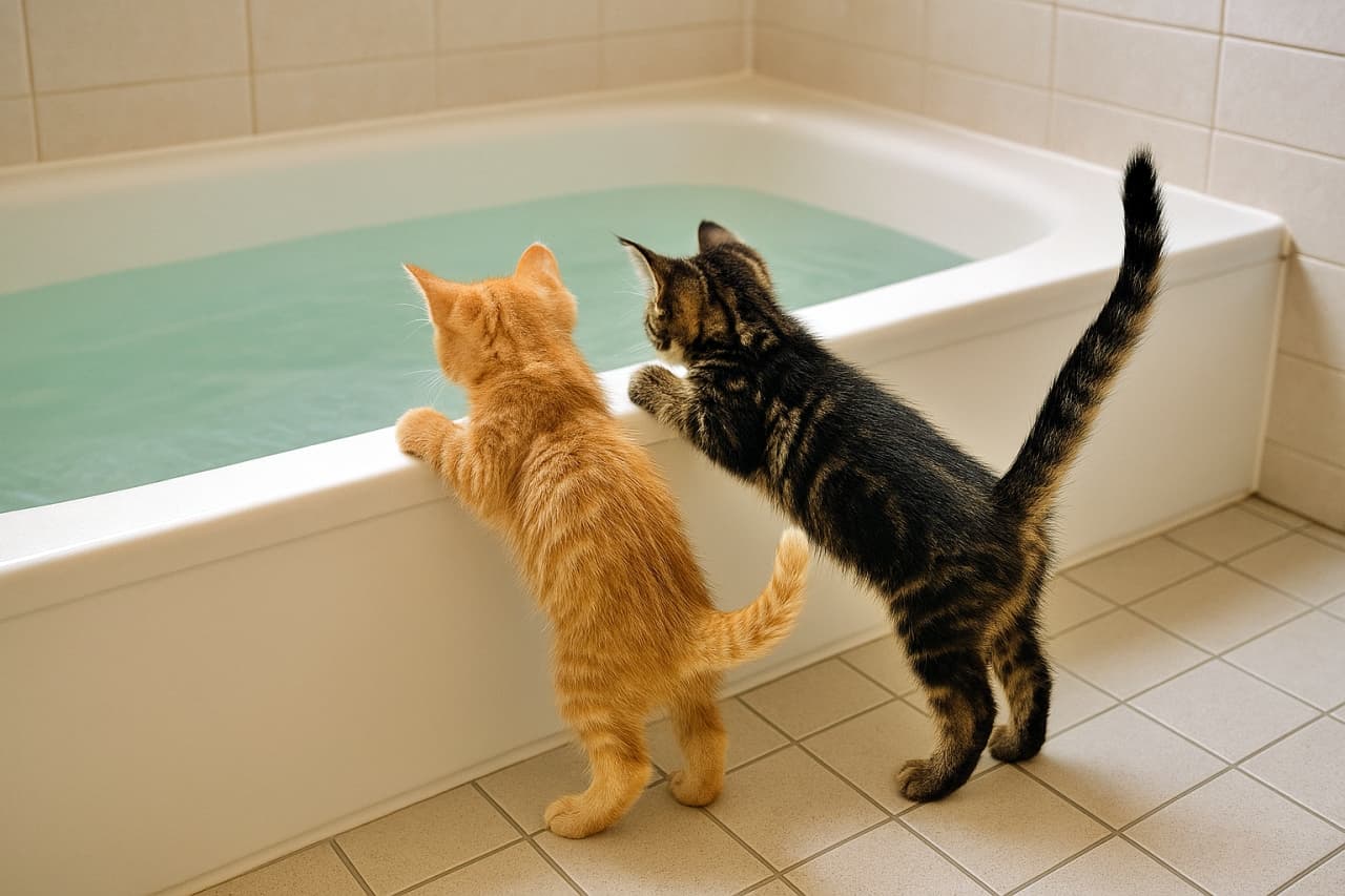 Two dry-furred kittens stand on a tiled bathroom floor, stretching upward with their front paws on the edge of a bathtub as they look curiously into the clear water inside. 乾いた毛の2匹の子猫が、タイル張りのバスルームの床に立ち、前足を浴槽の縁にかけて水の中をのぞき込んでいる
