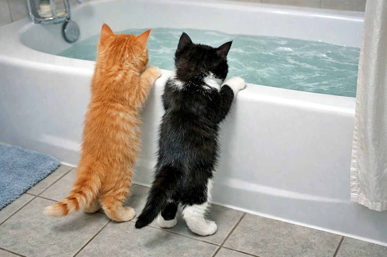 Two kittens—an orange tabby and a black-and-white tuxedo—stand on a tiled bathroom floor, stretching up to peer into a clean, rippling bathtub. A blue bath mat adds contrast to the minimalist setting, emphasizing their curiosity. 茶トラと黒白のタキシード柄の2匹の子猫が、タイル張りのバスルームの床に立ち、きれいな水面が揺れるバスタブを覗き込もうと背伸びしている。青いバスマットがシンプルな背景にアクセントを添え、子猫たちの好奇心を際立たせている
