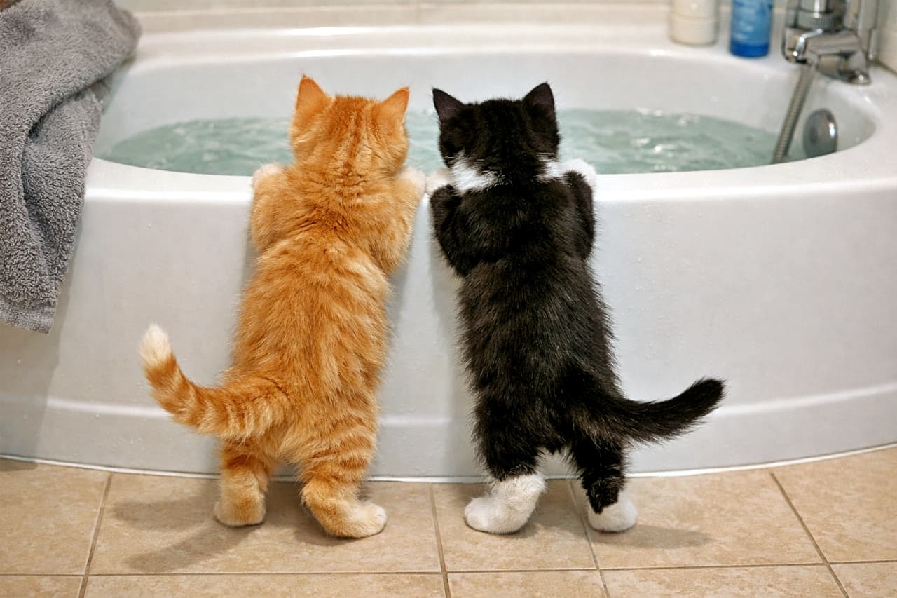 Two kittens—an orange tabby and a black kitten with white paws—stand on the tiled bathroom floor, reaching up to inspect the water in a white tub. A gray towel and bath products on the rim add a lived-in, domestic feel. 茶トラと白い足の黒猫の2匹が、タイル張りの床の上でバスタブの水を覗き込もうと背伸びしている。縁に掛けられたグレーのタオルやバス用品が、家庭的でリアルな雰囲気を演出している