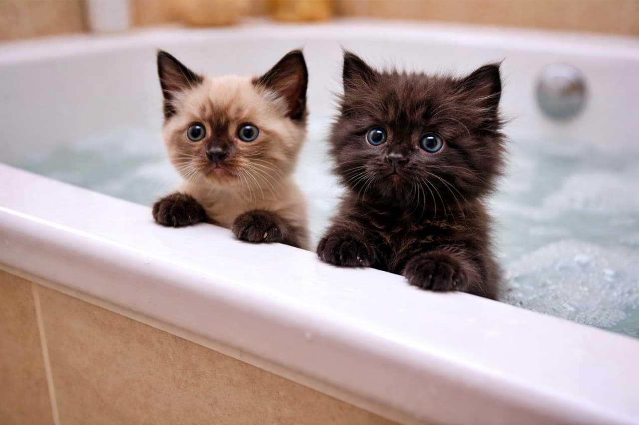 A Siamese kitten and a fluffy black kitten are inside a bathtub filled with lightly bubbling water, standing on their hind legs with their paws on the rim and looking alert and curious. While the prompt intended them to peer anxiously over the bathtub edge from outside, the result is a calm and cute bathing scene. シャムの子猫とふわふわした黒い子猫が、泡立つお湯の入った浴槽の中で後ろ足で立ち、縁に前足をかけて注意深く見つめている。本来は浴槽の外から不安そうに覗き込む構図を意図していたが、結果として可愛らしい入浴シーンになっている