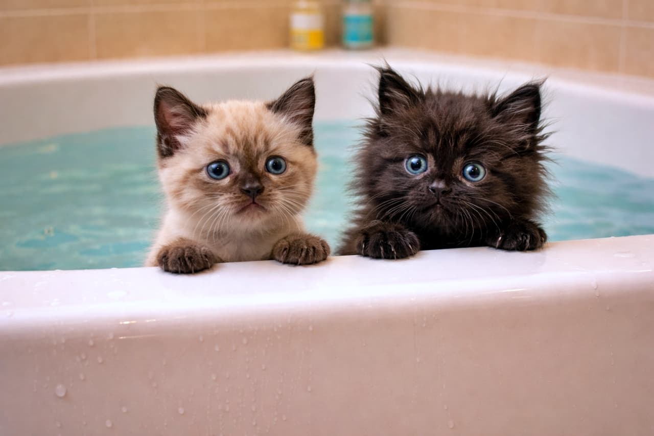 A Siamese kitten and a fluffy black kitten are standing inside a bathtub filled with water, resting their front paws on the edge and staring forward with anxious yet curious expressions. Although the original prompt described the kittens peering into the bathtub from outside, this image shows them already bathing in the water. シャムの子猫とふわふわした黒い子猫が、お湯の入った浴槽の中に立ち、縁に前足をかけて不安そうで好奇心のある表情を向けている。本来は浴槽の外から中を覗き込む構図を想定していたが、この画像では子猫たちはすでに入浴している