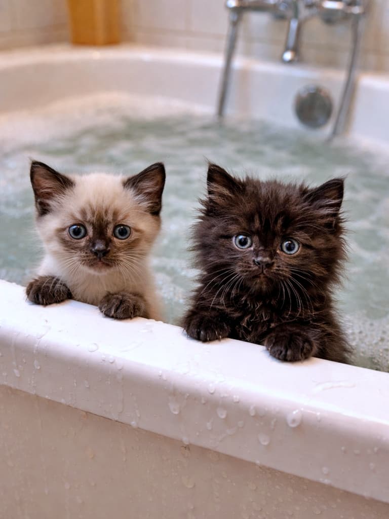 “本当は覗いているはずが、気づいたら入浴していました”A Siamese kitten and a fluffy black kitten are standing inside a bathtub filled with water, resting their paws on the edge and looking up with curious, slightly anxious expressions. Although the original concept was to show them peering into the bath from outside, this image depicts the kittens already in the water. シャムの子猫とふわふわした黒い子猫が、お湯の入った浴槽の中に立ち、縁に前足をかけて不安そうかつ好奇心いっぱいの表情で見上げている。本来は浴槽の外からお湯を覗き込む構図を想定していたが、この画像では子猫たちはすでに入浴している