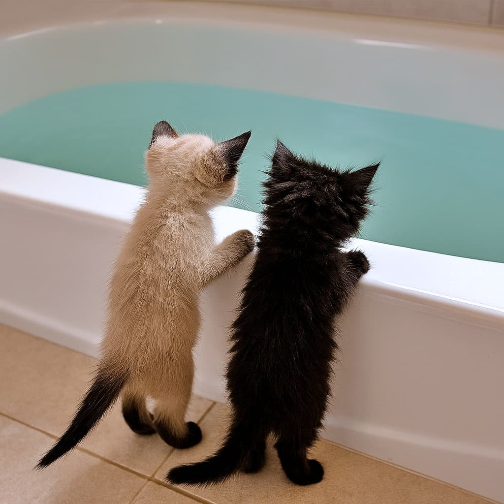 A tiny Siamese kitten and a fluffy black kitten stand on their hind legs beside a white bathtub, peering curiously into the turquoise water. Their dry fur and anxious posture suggest cautious interest. 小さなシャム猫の子猫とふわふわの黒い子猫が、白いバスタブの縁に前足をかけて立ち、ターコイズ色の水を不安そうに覗き込んでいる。毛は乾いており、好奇心と緊張が感じられる構図