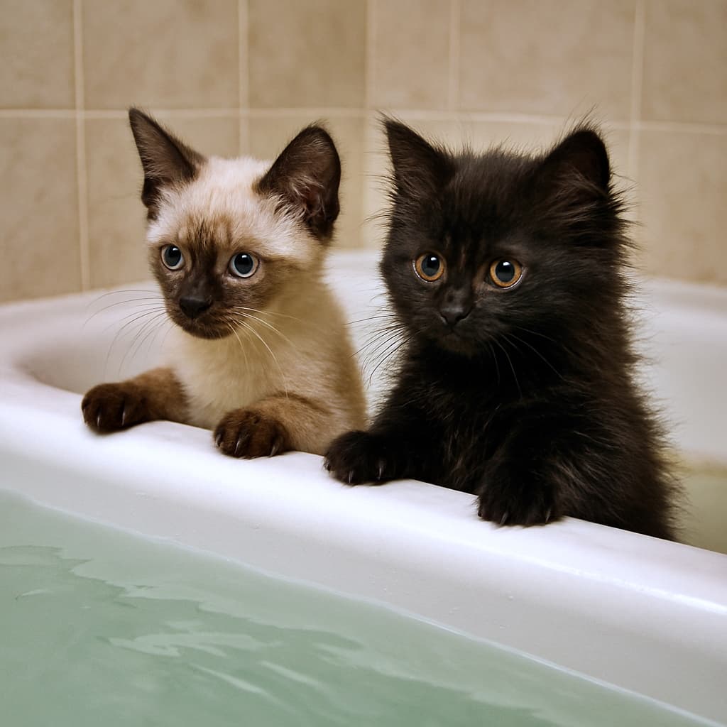 Two kittens—a Siamese kitten and a fluffy black kitten—stand on their hind legs, anxiously yet curiously peering over the edge of a bathtub filled with water. The scene shows an unnatural, continuous bathtub edge, making the tub appear oddly connected due to an image generation artifact. シャムの子猫と黒くてふわふわした子猫が、後ろ足で立ち上がり、水の張られた浴槽の縁を不安そうに、しかし興味深げに覗き込んでいる。浴槽の縁が不自然につながって見える、画像生成特有の破綻が見られる