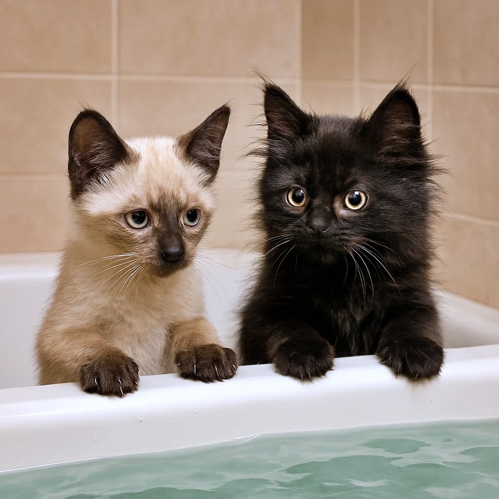 A Siamese kitten and a fluffy black kitten stand upright on the bathtub rim, curiously watching the water below. Although their expressions are clear and detailed, the bathtub structure appears unnaturally merged, with the tub edge looking seamlessly connected—an evident AI image generation inconsistency. シャムの子猫と黒いふわふわの子猫が浴槽の縁に立ち、水面を興味深そうに見つめている。子猫の表情は自然だが、浴槽の構造が不自然に融合し、縁が連続して見えるAI生成画像特有の違和感がある