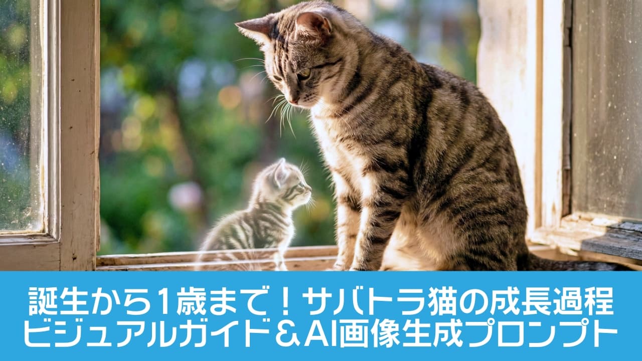 A cinematic wide photograph shows a majestic adult silver mackerel tabby cat with vertical stripes sitting on a sunlit wooden windowsill. It looks down gently at a small, glowing, translucent illusion of a tiny 3-week-old kitten next to its paw. The scene is illuminated by beautiful golden hour light with a bokeh background of a garden. 窓枠に座る壮大なサバトラの成猫が、足元にいる小さな光る子猫の幻影を優しく見下ろしている、映画のようなワイド写真。ゴールデンアワーの光が成猫の垂直の縞模様を照らし、ボケ味のある庭の背景がエモーショナルな雰囲気を醸し出している
