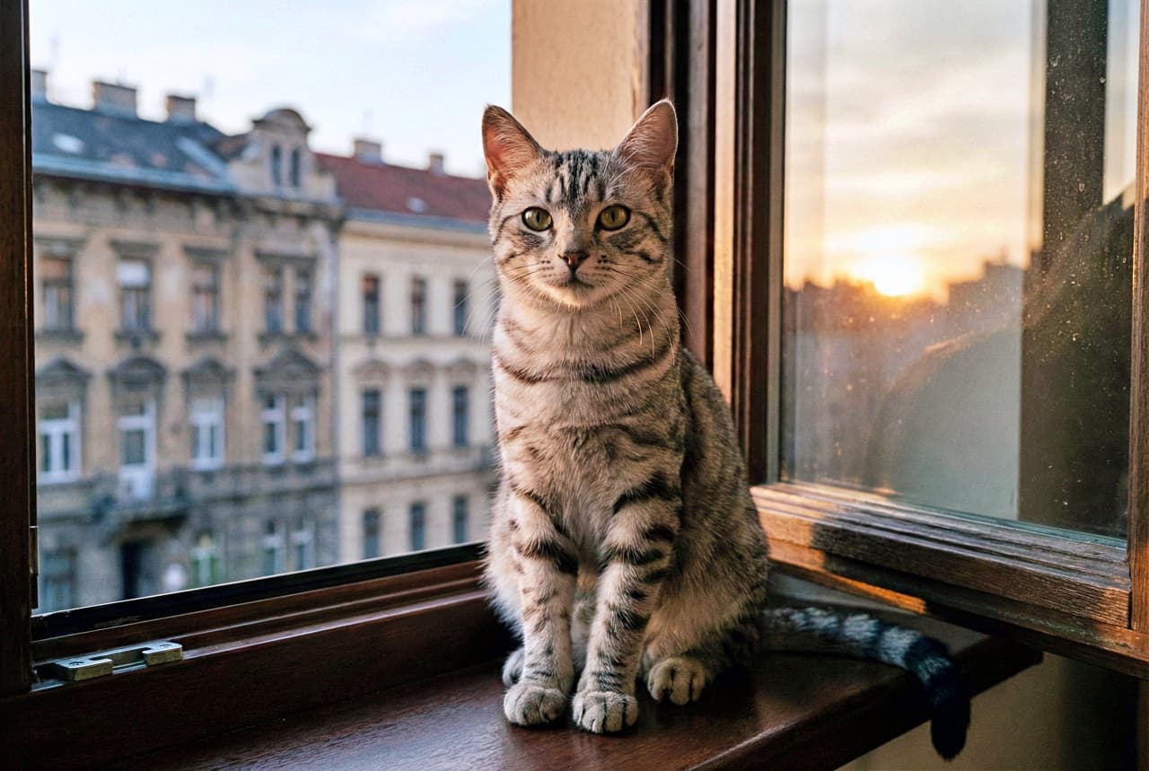 「窓辺の小さな王様♡ 街を見下ろすその眼差し、もう貫禄あり！」Portrait of a 6-month-old silver mackerel tabby domestic shorthair cat sitting regally on a windowsill. Its mature facial structure and confident expression resemble a miniature adult. Vertical mackerel stripes are clearly visible, with a cinematic city view glowing in the background. 窓辺に堂々と座る、生後6か月の銀サバ縞の短毛猫のポートレート。顔立ちは大人びて自信に満ち、体には縦縞模様がくっきり。背景には映画のような雰囲気の街並みが夕陽に照らされて広がる