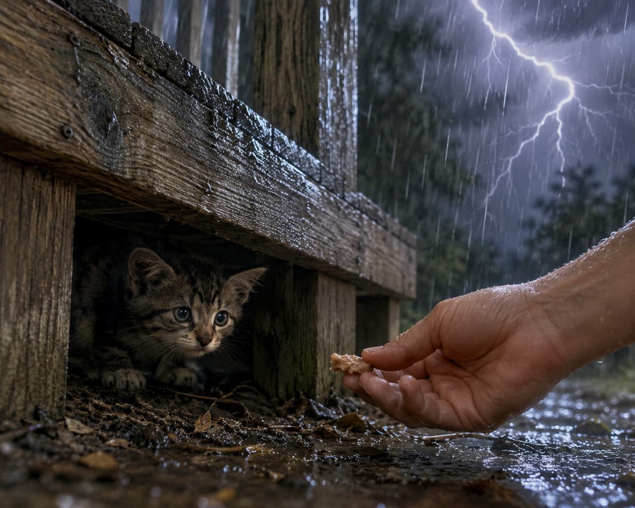 「怖い雷の夜、差し伸べられたひとくちの勇気⚡️🐾 ここから始まる信頼関係に感動🥹✨ #地域猫 #保護活動」Ultra-realistic high-quality photograph of a scared tabby kitten hiding under a wooden deck during a thunderstorm, looking at a human hand offering food in the rain. 激しい雷と雨が打ち付ける夜、木製の縁の下の暗がりに身を潜めるキジトラ子猫。不安げな大きな瞳で見つめる先には、雨に濡れながらキャットフードを指先で差し出す人間の手があります