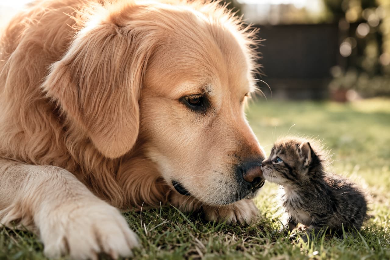 「「大丈夫、ぼくが守るよ🐾」種を超えた優しさにほっこり💕世界一平和なご挨拶🐶🐱 #犬と猫 #優しい世界」Ultra-realistic high-quality photograph of a heartwarming moment on green grass in warm sunlight, where a gentle golden retriever and a tiny tabby kitten touch noses in greeting, highlighting their soft fur textures. 暖かな太陽の光が降り注ぐ緑の芝生の上で、穏やかな表情のゴールデンレトリバーと、まだ幼いキジトラの子猫が鼻先をくっつけて挨拶をしている心温まる光景。被毛のフワフワとした柔らかい質感と、逆光気味の光が優しさを際立たせている
