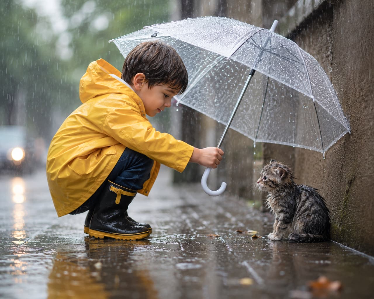 「雨の日の小さな優しさにキュン☔️🥺僕の傘、一緒に入る?👦🐈 #雨の日の出会い #優しい心」Ultra-realistic high-quality photograph of a kind-hearted little boy in a yellow raincoat squatting on a rainy street, holding a transparent umbrella over a wet tabby kitten to protect it from the cold rain. 冷たい雨が降る道端で、濡れてうずくまるキジトラの子猫に対し、黄色いレインコートと長靴姿の小さな男の子がしゃがみ込み、自分の透明な傘を差し掛けて雨宿りさせている心優しい情景。背景の車のライトと雨粒の質感が物語性を高めている