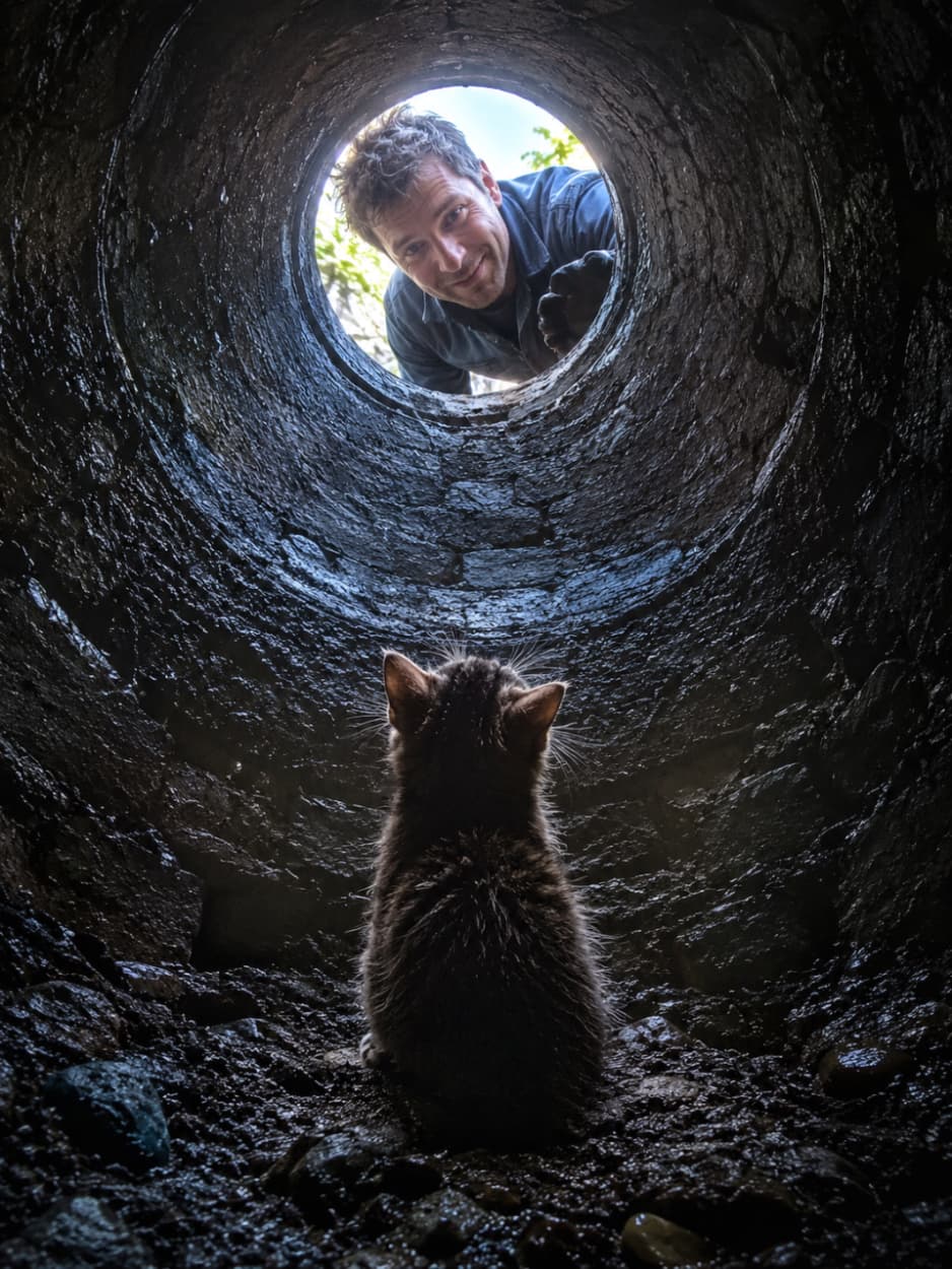 「もう怖くないよ!光の先から優しいヒーローが来てくれた✨🐈上を向いて助けを待つ姿に涙🥺 #レスキュー隊 #猫のいる暮らし」Ultra-realistic high-quality photograph looking up from the bottom of a dark manhole showing the back of a tabby kitten looking up at a smiling rescuer reaching down from the light-filled opening. 暗く濡れた石積みのマンホールの底から見上げるような臨場感のある構図。底でお座りをして上を見上げるキジトラ子猫の後ろ姿と、丸い穴の開口部から差し込む光を背に、優しい笑顔で覗き込み救助の手を差し伸べようとする男性の姿を捉えている