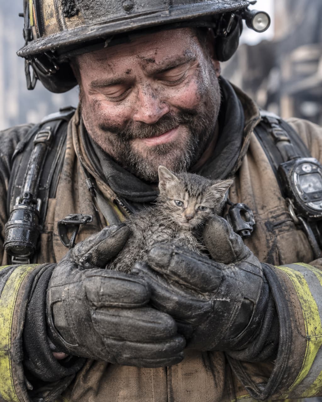 「泥だらけの勲章と、救われた小さな命✨タフで優しいヒーローに最高の敬意を!👨🚒🐈 #消防士 #奇跡の救出」Ultra-realistic high-quality photograph of a soot and mud-covered firefighter smiling warmly, gently holding a tiny, muddy rescued tabby kitten in his thick, protective gloves. 過酷な救助現場を物語る煤と泥にまみれた消防士が、安堵の満面の笑みを浮かべている。その分厚く汚れた手袋の中には、同じく泥だらけになった小さなキジトラの子猫が大切に包み込まれており、力強い命の輝きを感じさせるドラマチックな一枚