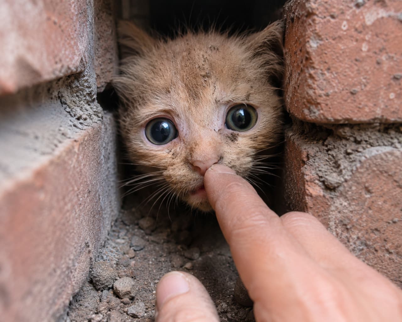 「見つけてくれてありがとう🐾 狭い隙間からのお顔ひょっこりと、そっと触れ合う指先に心がじんわり温まります🥺 泥んこなお顔も愛おしい💕 #子猫保護 #奇跡の出会い #子猫救出 #命のバトン」Ultra-realistic high-quality photograph of a muddy orange tabby kitten peeking its face out from a narrow gap between brick walls. A gentle human finger softly touches the kitten's tiny nose, while its clear, round eyes, shining like marbles amidst its dirt-smudged face, convey a delicate mix of relief and curiosity. 狭いレンガの壁の隙間から顔だけを覗かせている、泥だらけの茶トラ(または明るいキジトラ)の子猫の超リアルな高画質写真。人間の優しい指先が子猫の小さな鼻先にそっと触れており、泥で汚れた顔に光るビー玉のように澄んだ丸い瞳が、安心感と好奇心を繊細に物語っています
