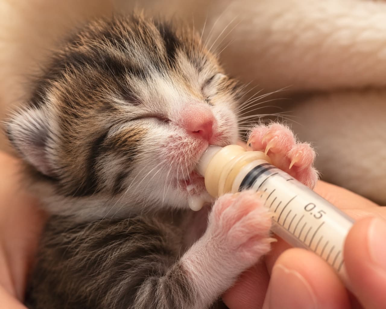 「生きるために、一歩ずつ🐾ミルクを一生懸命飲む姿に涙が止まらない😭温かい手に出会えて本当によかったね🍼✨ #保護猫 #小さな命」Ultra-realistic high-quality photograph of a tiny, newly rescued tabby kitten drinking warm milk from a syringe, small pink paws tightly gripping it as it rests safely in gentle human hands against a soft blanket background. 保護されたばかりの、まだ目が開いたばかりの非常に幼いキジトラの子猫。人間の優しい手に包まれながら、シリンジ(注射器)から温かいミルクを一生懸命に飲んでいる。小さなピンク色の前足でシリンジをギュッと握りしめ、安心しきって目を閉じている。背景には温かみのあるベージュの毛布が柔らかくボケており、全体が優しい光に包まれている心温まるクローズアップ写真