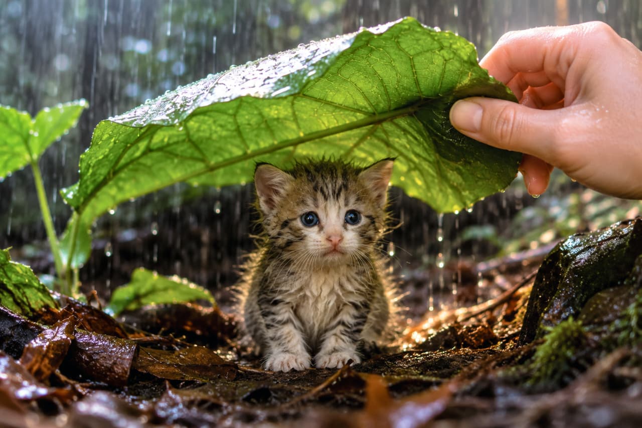 「冷たい雨から守ってくれる、魔法の葉っぱの傘☔️🌿 キラキラ光る雨粒と小さな命の輝きに胸が締め付けられます🥺💖 #子猫レスキュー #雨の日の奇跡 #子猫救出」Ultra-realistic high-quality photograph of a tiny tabby kitten sitting on wet leaves, being sheltered from heavy rain by a large green leaf held by a human hand. The kitten has bright blue eyes, and cinematic backlighting beautifully illuminates its wet fur and the falling raindrops. 激しい雨が降る森の中、人間の手が差し掛けた大きな緑の葉っぱの下で雨宿りをする小さなキジトラの子猫。濡れた地面の落ち葉の上にちょこんと座り、青く澄んだ瞳でじっと前を見つめています。背後からの美しい光(リムライト)が子猫の濡れた産毛や落ちる雨粒をキラキラと輝かせ、命の尊さを感じさせるドラマチックな一枚