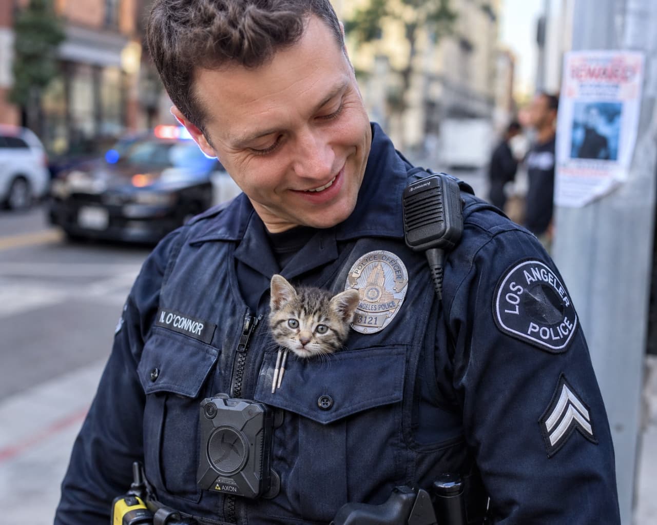 「世界一安全なポケットを発見!🚓✨強くて優しいお巡りさんに守られて一安心だね🐈💖 #警察官 #保護猫」Ultra-realistic high-quality photograph of a smiling LAPD police officer standing on a city street, with a tiny rescued tabby kitten peeking out adorably from his chest pocket. パトカーが停まる街角の背景をぼかし、手前にはLAPDのバッジをつけた警察官が優しい笑顔で下を向いている。その胸ポケットには、保護されたばかりのキジトラの子猫がすっぽりと収まり、安心したようにひょっこりと顔を出している微笑ましい光景