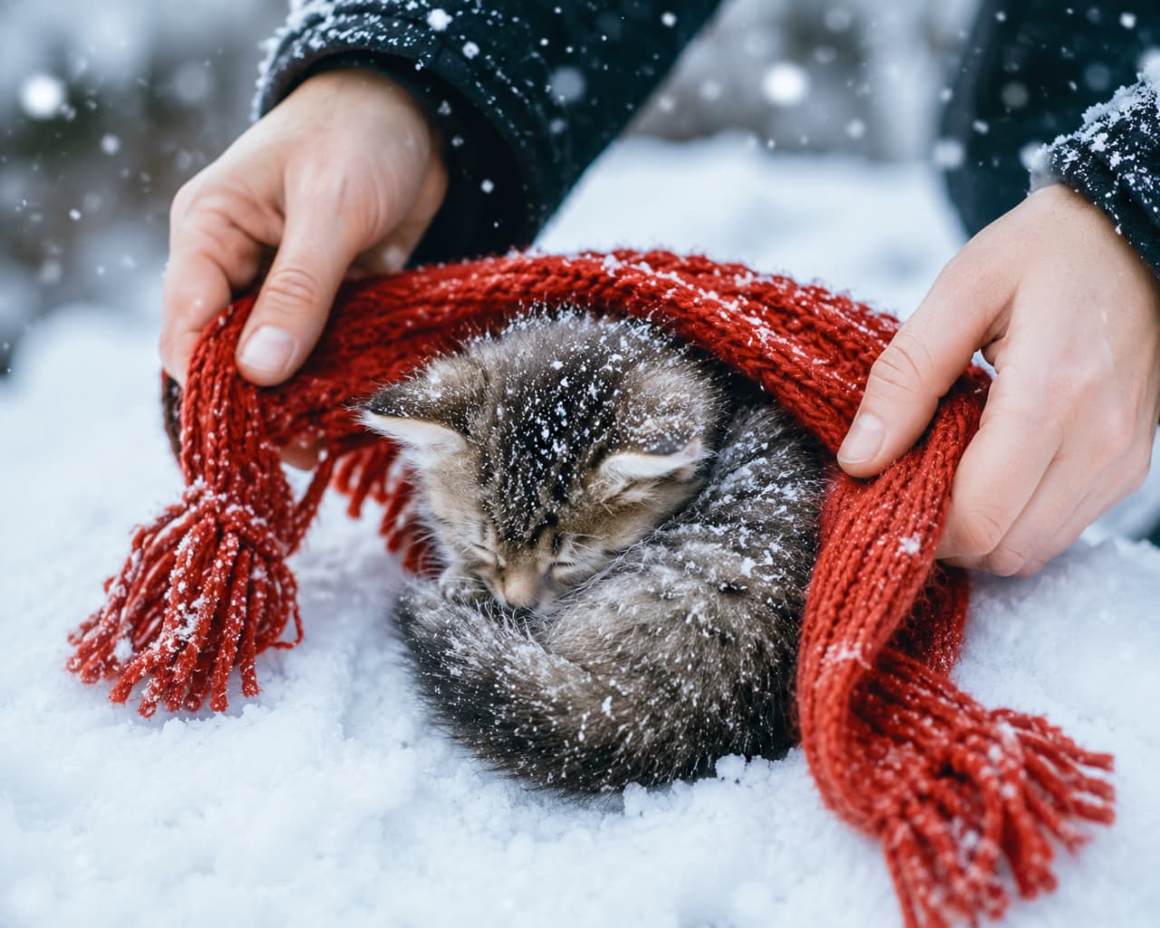 「冷たい雪から守ってくれる、真っ赤な愛のぬくもり🧣❄️ 安堵して眠る小さな姿に、ホッと胸をなでおろします😌 ゆっくり休んでね🐈💤 #冬の猫 #心温まる #子猫保護 #子猫救出 #命のバトン」Ultra-realistic high-quality photograph of a curled-up tabby kitten in a white, snowy landscape with falling snowflakes. Human hands gently wrap the cold, tiny body in a vibrant red knitted scarf. The contrast between the white snow, the brown fur, and the red scarf beautifully expresses warmth in a freezing world. 雪が舞い散る真っ白な風景の中、丸くなって眠るキジトラ子猫の超リアルな高画質写真。人間の手が、鮮やかな赤い手編みのニットマフラーで冷えた小さな体を優しく包み込んでおり、雪の白、被毛のブラウン、そしてマフラーの赤のコントラストが、凍える世界の中の温もりを美しく表現しています