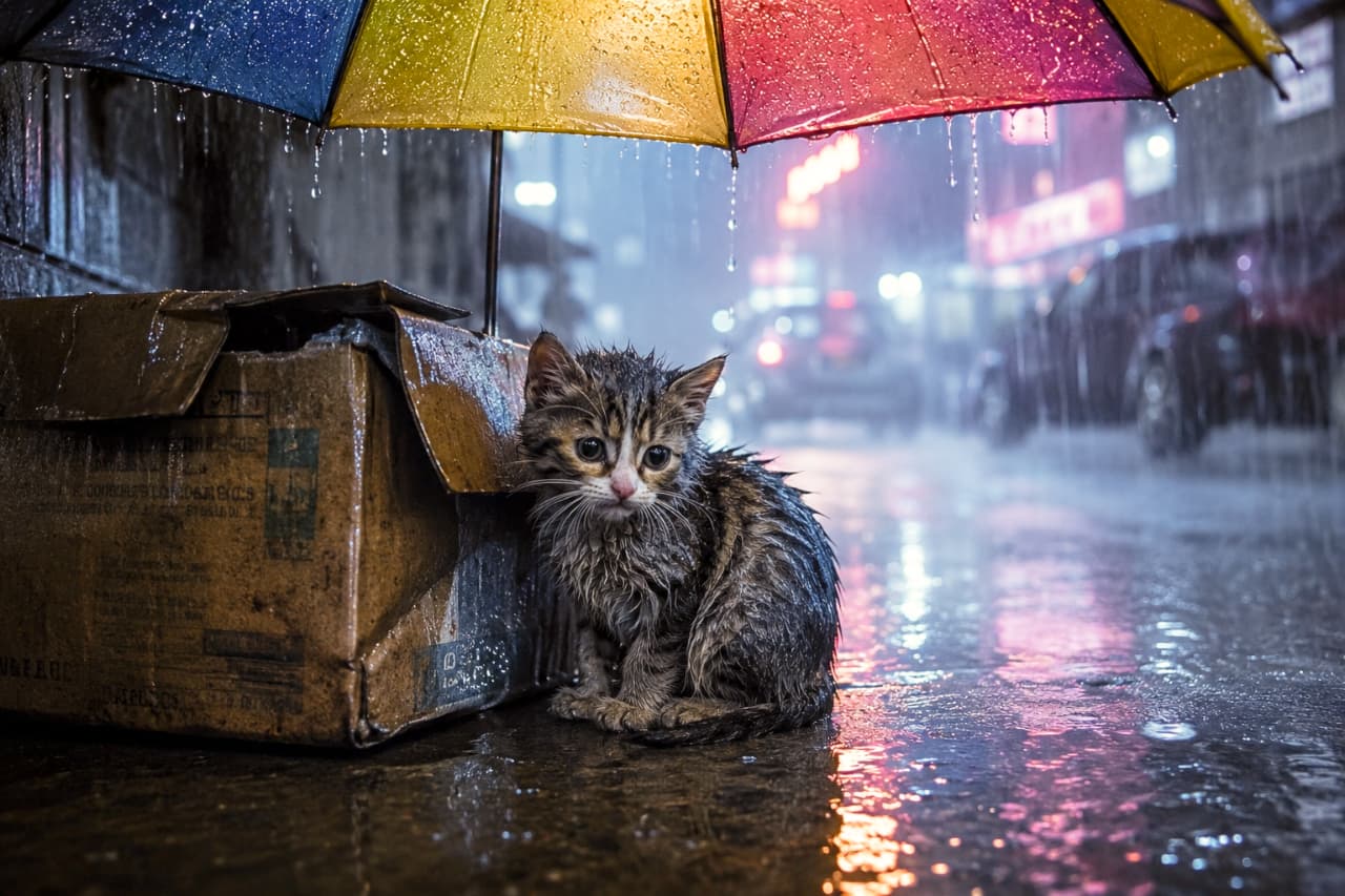 「冷たい雨の夜、小さな体を守ってくれた虹色の優しさ🌈☔️ 震える姿にもう一人ぼっちじゃないよって伝えてあげたい😭💕 #雨の日の猫 #優しい世界 #子猫救出 #命のバトン」Ultra-realistic high-quality photograph of a wet tabby kitten crouching next to a damp cardboard box on a rainy city street corner at night. Sheltered by a brightly colored rainbow umbrella, the kitten's wet, clumpy fur and anxious large eyes are dramatically lit by the blurred background neon signs and car headlights. 雨が降る夜の街角で、濡れた段ボール箱の横にうずくまるキジトラの子猫の超リアルな高画質写真。誰かが差し掛けた虹色の傘が雨をしのぎ、背景にぼやける車のヘッドライトやピンク色のネオンサインの光が、濡れて束になった被毛や心細げな大きな瞳をドラマチックに照らし出しています