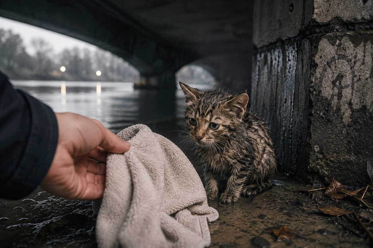 「雨の中で震えていた小さなキジトラちゃん。これからはもう寒くないよ、温かいお家へ行こうね🏠温かいタオルに感謝😭 #雨の日の出会い #保護猫」Ultra-realistic high-quality photograph of a soaking wet, shivering tabby kitten looking frightened under a dark concrete bridge, as a kind hand reaches out with a dry towel to wrap and rescue it. 薄暗く冷たいコンクリートの橋の下、川辺の湿った地面にぽつんと座り、寒さに震えている雨でびしょ濡れのキジトラ子猫。毛束ができた被毛と、不安げに潤んだ大きな瞳が印象的。左手前からは、人間の手が乾いたグレーのタオルを差し出し、子猫を優しく包み込もうとしている。遠くの水面には対岸の街灯の明かりが切なく反射している、情緒あふれるドラマチックな光景