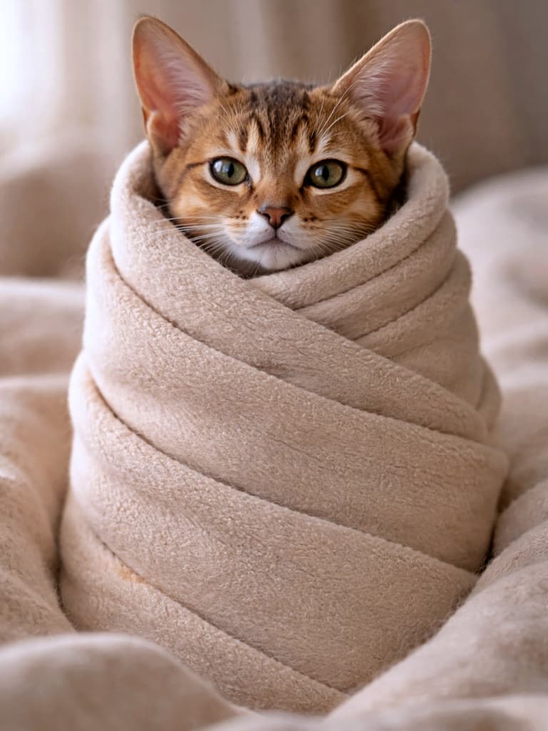 A 3-month-old Abyssinian kitten wrapped snugly like a burrito, with sleek short fur, refined facial features, and calm, alert eyes, photographed in soft natural light. やわらかな自然光の中で、ブリトーのように包まれた生後3か月のアビシニアンの子猫。短く艶のある被毛と整った顔立ち、落ち着きのある穏やかな眼差しが印象的
