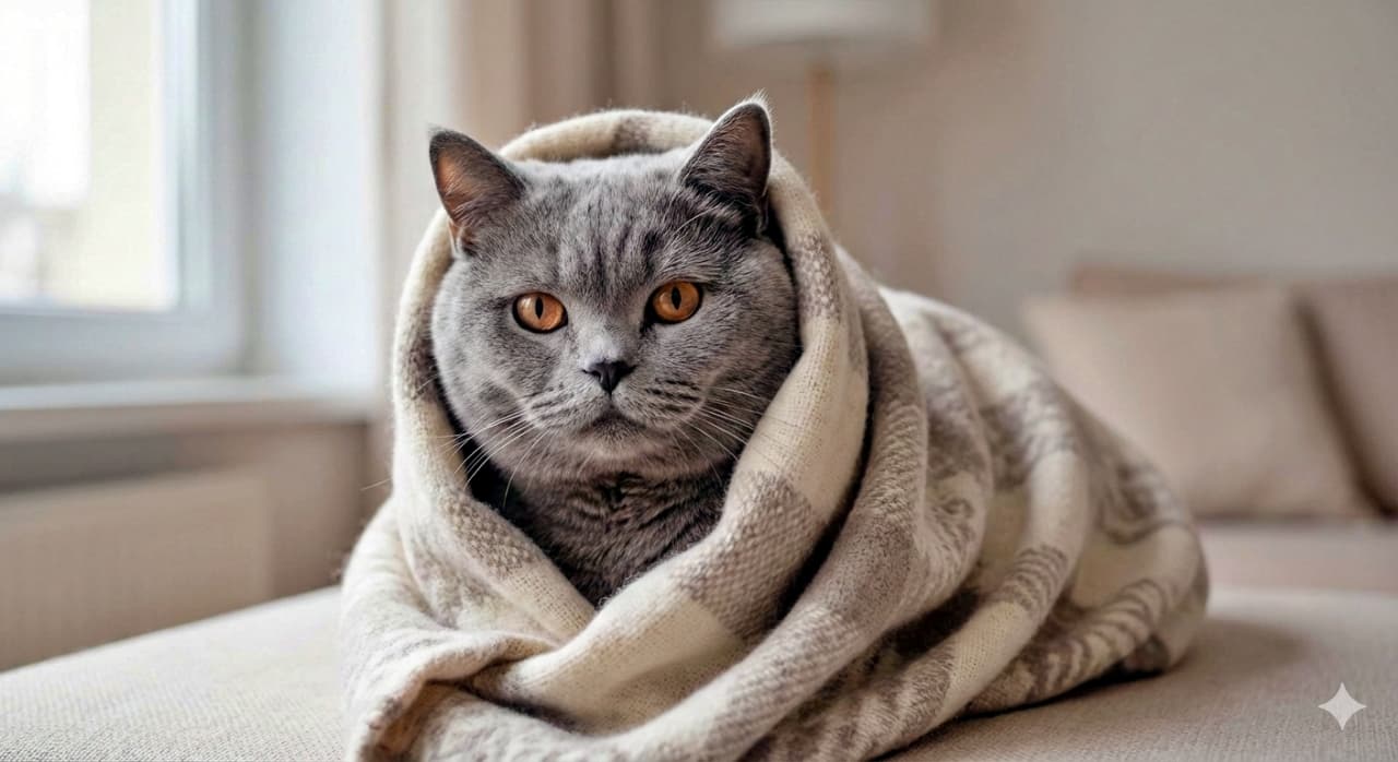 「大人の貫禄「猫ブリトー」🌯 落ち着き払った表情が渋い!この包まれ姿、悟りを開いてます✨🙏」An ultra-realistic photograph of a thick-bodied adult British Shorthair cat, tightly wrapped like a burrito in a patterned blanket. It has a round face with a calm, stoic expression, seated in soft diffused light against a minimal background. 模様のある厚手のブランケットに、ブリトーのようにきつく包まれた大人のブリティッシュショートヘア猫の超リアルな写真。がっしりとした丸い顔で、穏やかでストイックな表情を浮かべており、ミニマルな背景の中で柔らかい拡散光を浴びて座っている