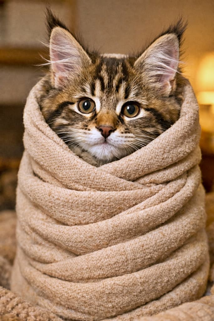 A 4-month-old Maine Coon kitten wrapped snugly like a burrito in a warm beige blanket, with only its gentle baby face visible under soft indoor lighting. あたたかみのある室内光の中、ベージュのブランケットに包まれてブリトー巻きになった、生後4か月のメインクーンの子猫。やさしい赤ちゃん顔だけが見えている様子