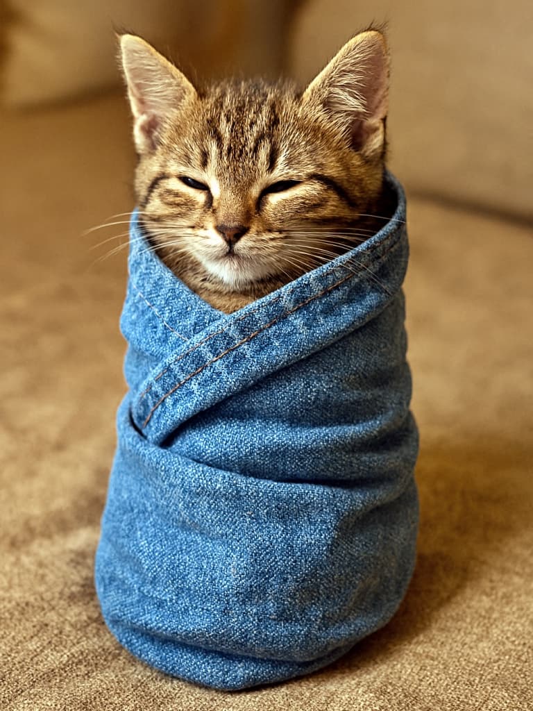 「デニムにくるまれて、ぬくぬく子猫タイム♪ ふわっと幸せ、ほっこり全開!」A photorealistic image of a young brown tabby kitten wrapped snugly in denim fabric like a burrito, resting on a beige textured surface. The kitten has visible tabby stripes, a relaxed expression, and is bathed in cozy ambient light. 若い茶色のトラ猫の子猫がデニム生地にブリトーのように包まれ、ベージュの布地の上でくつろいでいる写実的な画像。縞模様がはっきりと見え、穏やかな表情で、柔らかな自然光に包まれている