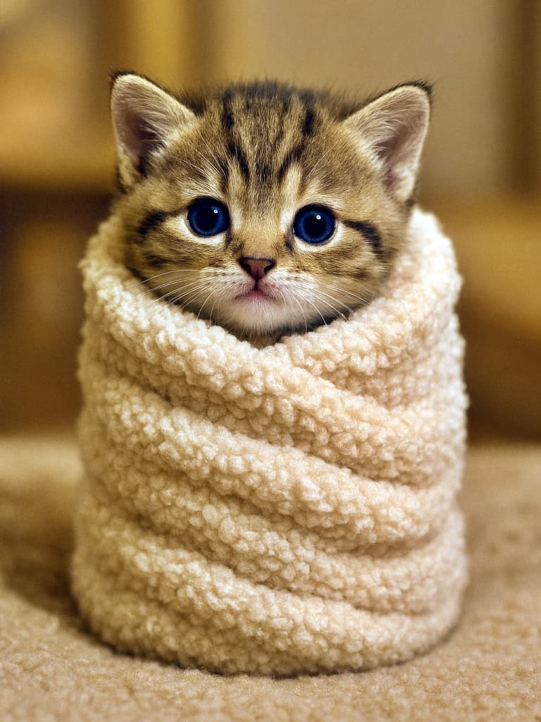 「ふわふわ毛布にくるまれたキジトラちび猫、まるでぬいぐるみみたいな愛らしさ!(でも…これはミヌエットじゃないよ)」A tabby kitten with large round eyes is wrapped snugly in a spiral-shaped cream fleece blanket. Only its head is visible, with short fur, upright ears, and a warm indoor background. The kitten’s body and legs are hidden, but its proportions resemble a standard tabby breed rather than a Minuet. この画像は「2ヶ月のミヌエット子猫」というプロンプトに反して、短足・丸顔・長毛といったミヌエットの特徴が一切再現されておらず、一般的なキジトラ短毛種の子猫が生成されてしまった失敗作です。特に、顔の構造や毛の長さがミヌエットとは異なり、品種識別において致命的な誤りとなっています