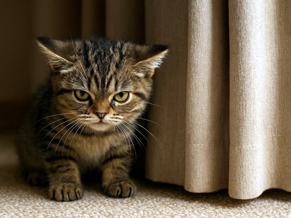 「カーテンの横でイカ耳発動!💢 「今は話しかけないで」オーラ全開の激おこ子猫さんが可愛すぎる…🥺」A photorealistic close-up of an angry tabby kitten sitting on a carpet next to beige curtains. The kitten displays fully flattened "airplane ears" and a piercing glare, staring intensely forward with a disgruntled expression that conveys strong annoyance or aggression. ベージュのカーテンの裾近くで、カーペットの上に座り込んでいるキジトラの子猫。耳を左右にピンと張った完全な「イカ耳」状態で、眉間にシワを寄せるような鋭い眼光でこちらを睨みつけている。強い警戒心と不機嫌さを露わにした、フォトリアルなクローズアップ写真