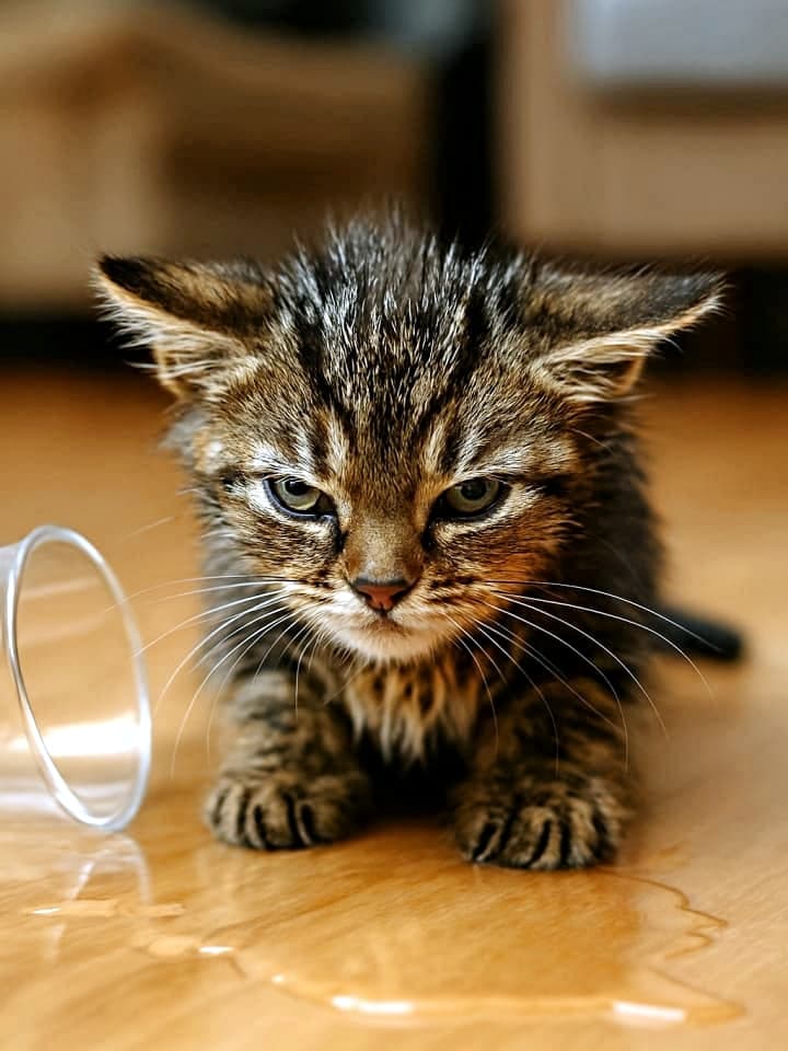 「なんでこうなった!?水浸しの現場検証、キジトラの怒りが止まらない!」A photorealistic image of a soaked tabby kitten with flattened ears sitting near a tipped-over transparent plastic cup and a puddle of water on a wooden floor. The kitten’s intense stare at the spill conveys a mix of annoyance and confusion. 濡れたキジトラ子猫が耳を伏せて木の床に座り、倒れた透明プラスチックカップと水たまりを睨んでいる写実的なイメージ。その視線には怒りと困惑が入り混じっている