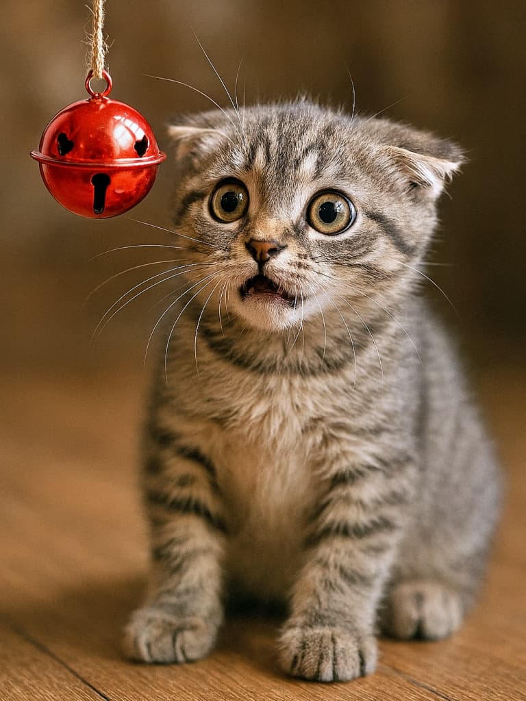 「✨「にゃっ⁉ この音、なんなの⁉」赤い鈴にびっくり!耳ぺたんの子猫ちゃんが可愛すぎる一瞬を激写!」A photorealistic kitten with flattened ears, startled by a red jingling bell toy on a wooden floor. 木製の床の上で赤い鈴のおもちゃに驚いて耳を伏せる子猫のフォトリアル画像