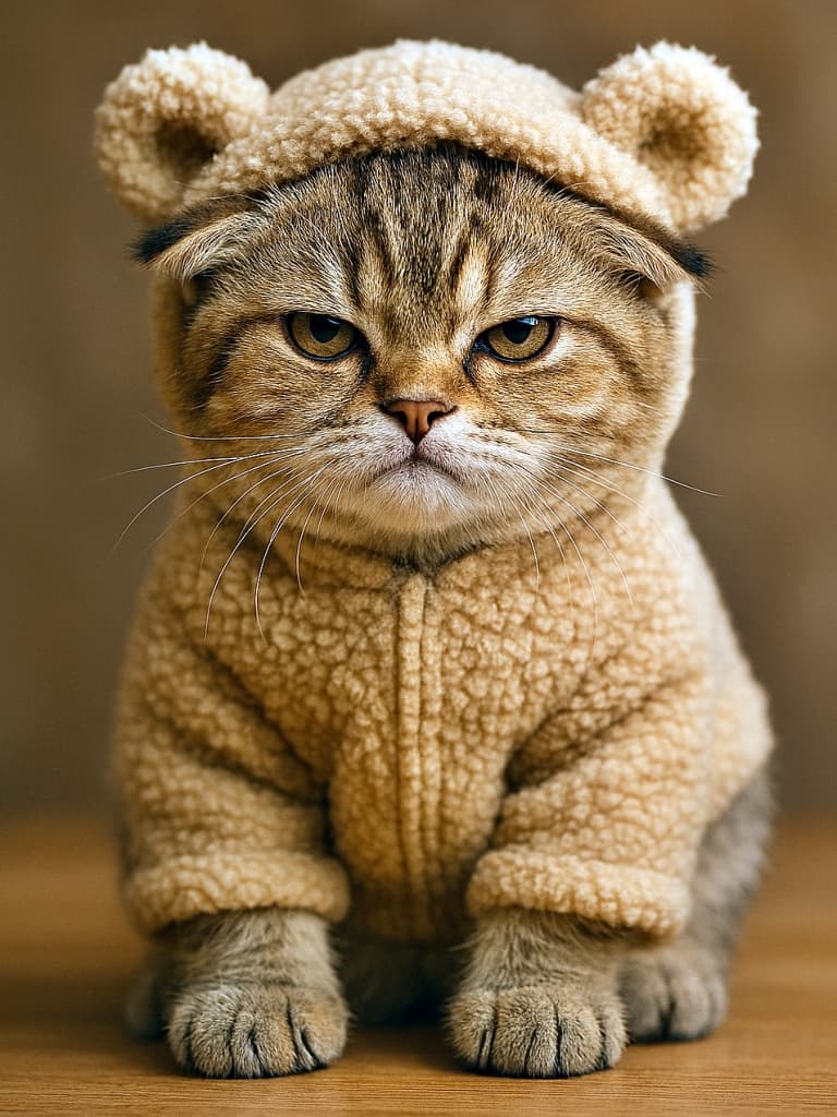 「ふわもこベア姿でムスッ!ツン顔がたまらないギャップ萌えニャン♡」A photorealistic image of a light brown tabby cat with flattened ears, dressed in a beige fleece teddy bear costume with rounded ears on the hood. The cat sits on a wooden surface with a stern, grumpy expression, creating a humorous contrast with the soft, playful outfit. ベージュのフリース素材のくま風コスチュームを着た、耳を伏せた茶トラ猫が木の床に座っている高精細画像。真剣な表情と柔らかな衣装のギャップがユーモラスで愛らしい印象を与える