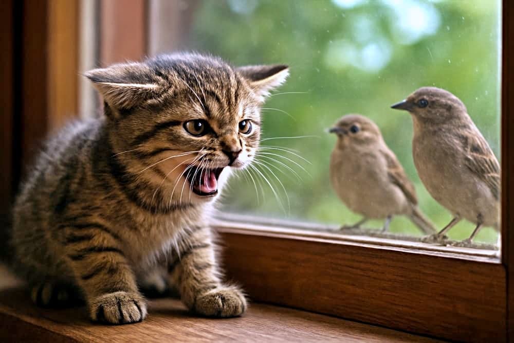 「窓の外の雀さんにロックオン!「カカカッ」とクラッキングが止まらない、本能全開の子猫ちゃんです🐦💥」A photorealistic shot of a tabby kitten sitting on a wooden windowsill, chattering excitedly with its mouth open at two sparrows perched just outside the glass. The kitten's focused gaze and expression capture the instinctual behavior known as "ekeke" or chattering. 木製の窓枠に座り、ガラスのすぐ向こう側に止まった2羽の雀(スズメ)を見つめて、口を大きく開けて「カカカッ」とクラッキング(チャタリング)をしているキジトラの子猫。狩猟本能が刺激され、興奮して目が釘付けになっている様子