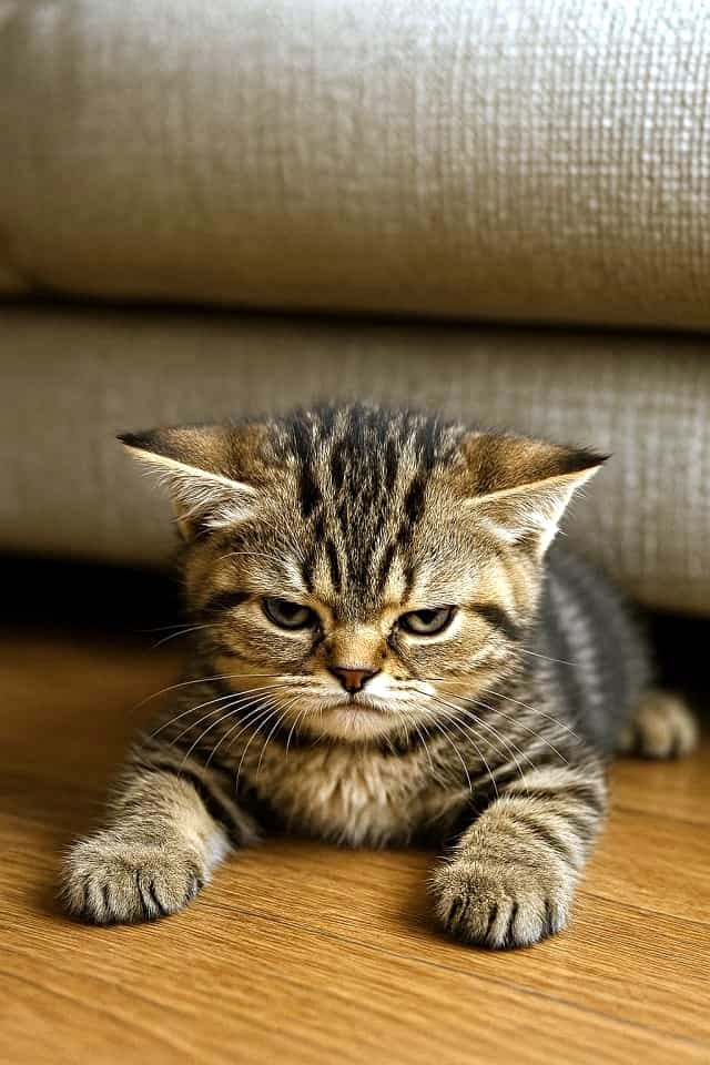 「「落ちてないよ、降りただけ!」ソファの下で逆ギレ中の子猫さん。イカ耳で必死の言い訳、顔に出てます😂🛋️」A photorealistic shot of a tabby kitten lying flat on the wooden floor in front of a beige sofa. Presumably having just slipped off, the kitten displays flattened "airplane ears" and glares intensely at the camera, appearing grumpy and embarrassed as if daring anyone to mention the fall. ベージュのソファの足元のフローリングに腹ばいになり、上目遣いで鋭くカメラを睨みつけているキジトラの子猫。ソファから滑り落ちた直後のようで、耳を真横に伏せた「イカ耳」状態で、「見てないよね?」と圧力をかけつつ、バツの悪さを怒りで隠しているような表情