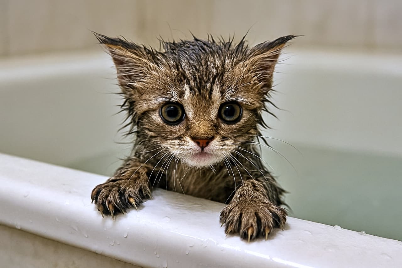 「びしょ濡れでもあざと可愛い、バスタイムの小さな勇者」A photorealistic wet kitten with flattened ears pawing at the edge of a white bathtub, water droplets on its soaked fur, looking up with wide eyes. 白いバスタブの縁に濡れた前足をかけ、耳を伏せたまま見上げる濡れた子猫のフォトリアルな描写。水滴が全身の毛にまとわりついている