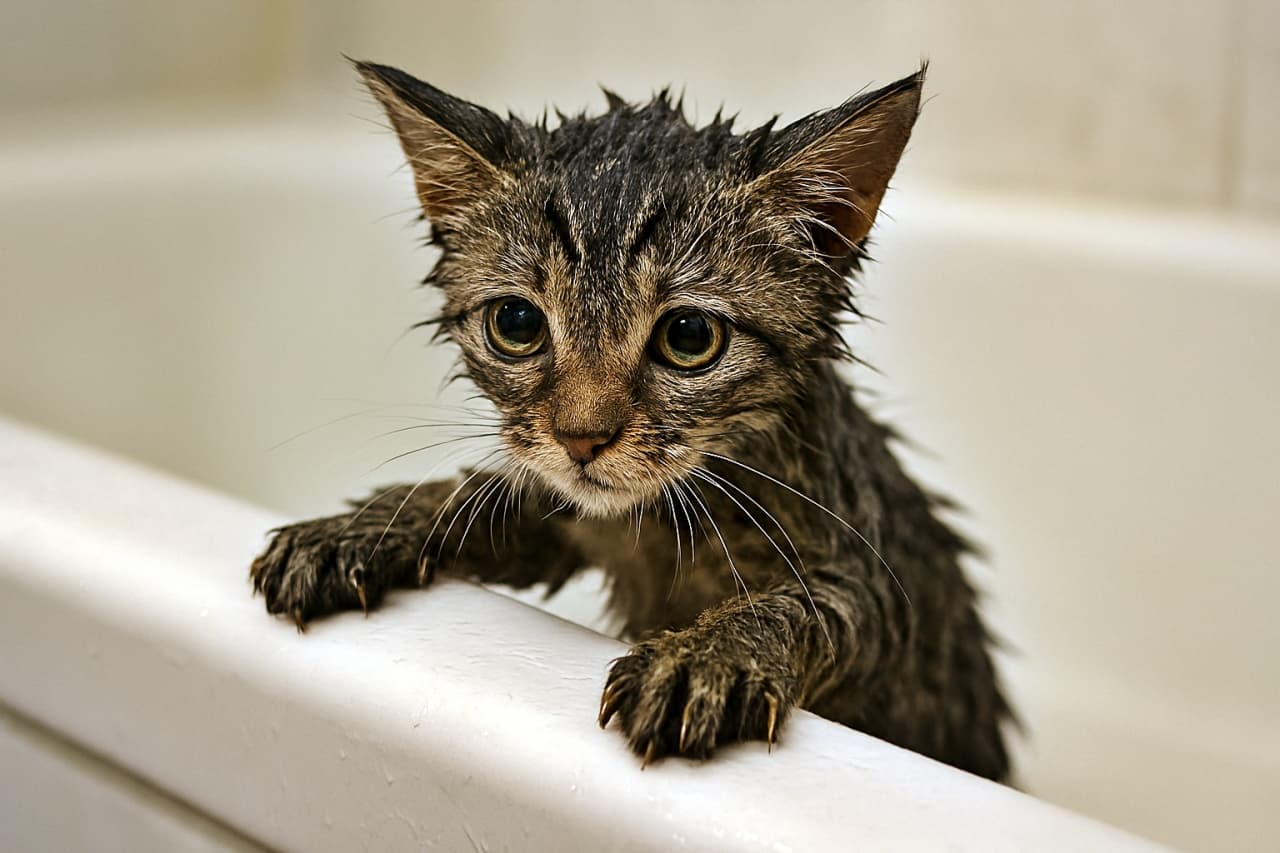 「「やだもん…おふろなんて聞いてない!」濡れねこ全力抗議中」A wet kitten with flattened ears pawing at the edge of a bathtub, fur soaked and eyes wide, in a photorealistic bathroom setting. 濡れた子猫が耳を伏せて浴槽の縁に前足をかけている様子。毛は水でぺたんこになり、大きな瞳が際立つ、写実的なバスルームの情景