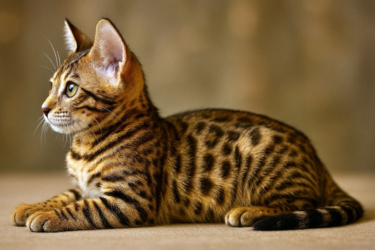 Side profile of a Bengal kitten with a brown rosetted coat, lying in a sphinx-like pose on a soft surface. The kitten faces left with upright ears and sharply focused amber eyes, captured in warm indoor lighting with a blurred bokeh background. 茶色のロゼット模様を持つベンガル子猫が、スフィンクスのような姿勢で横たわり、左向きに静かに佇んでいる。耳はピンと立ち、琥珀色の目が鋭く焦点を合わせている。背景は室内の柔らかな光とぼかし効果で温かみのある雰囲気