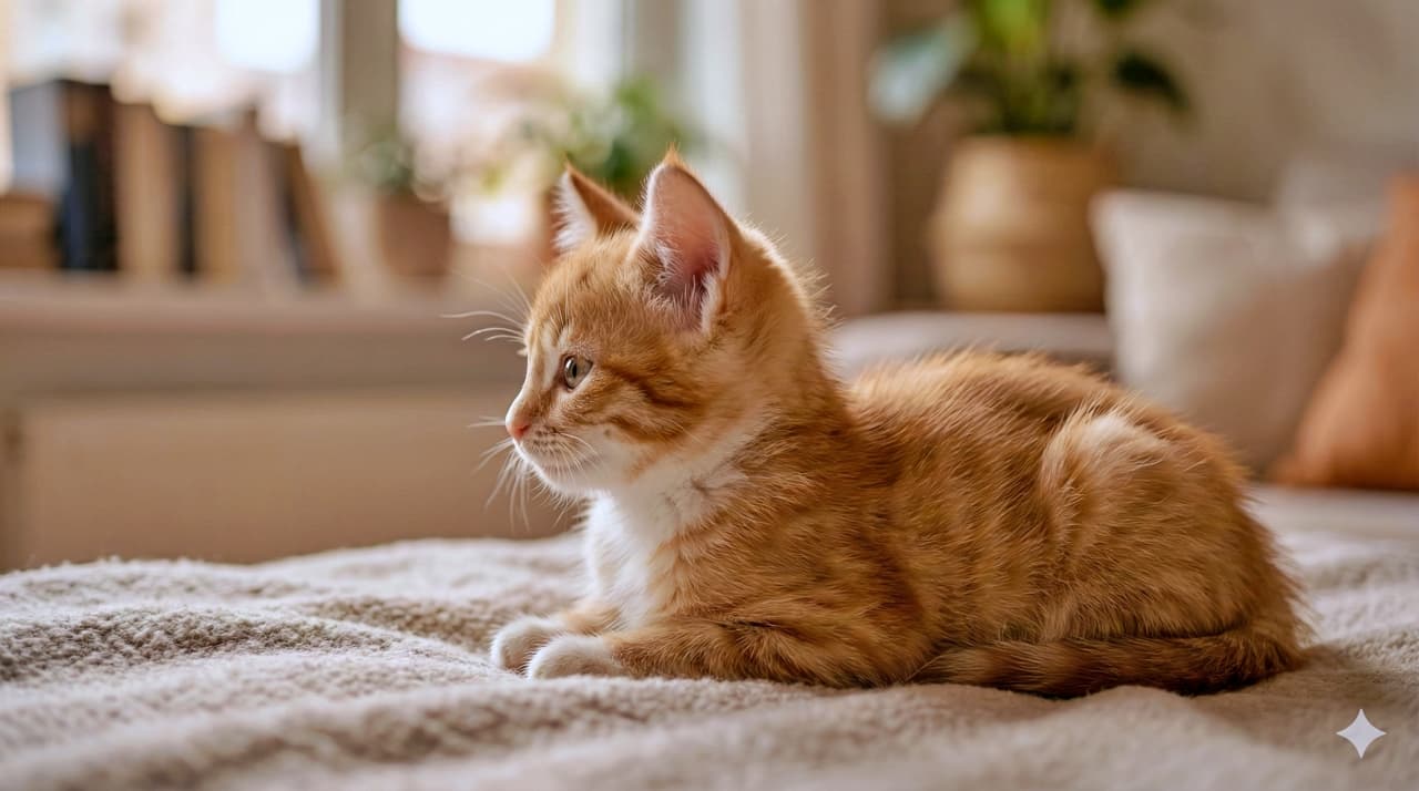 「最後はやっぱり王道の可愛さ!茶トラ子猫のスフィンクス座り。ピンと立ったお耳がキュートです🧡✨」A high-resolution side-profile shot of a ginger kitten lying in a Sphinx-like pose, facing left. The kitten features upright ears and soft orange tabby fur, highlighted by cinematic indoor lighting against a cozy, blurred background. 柔らかな光が差し込む落ち着いた室内で、スフィンクス座りをして左を向いている茶トラの子猫の全身写真。品種の指定はないが、ピンと立った耳と、光に透けるようなふわふわのオレンジ色の毛並みが、ボケた背景の中で美しく際立っているフォトリアルな一枚