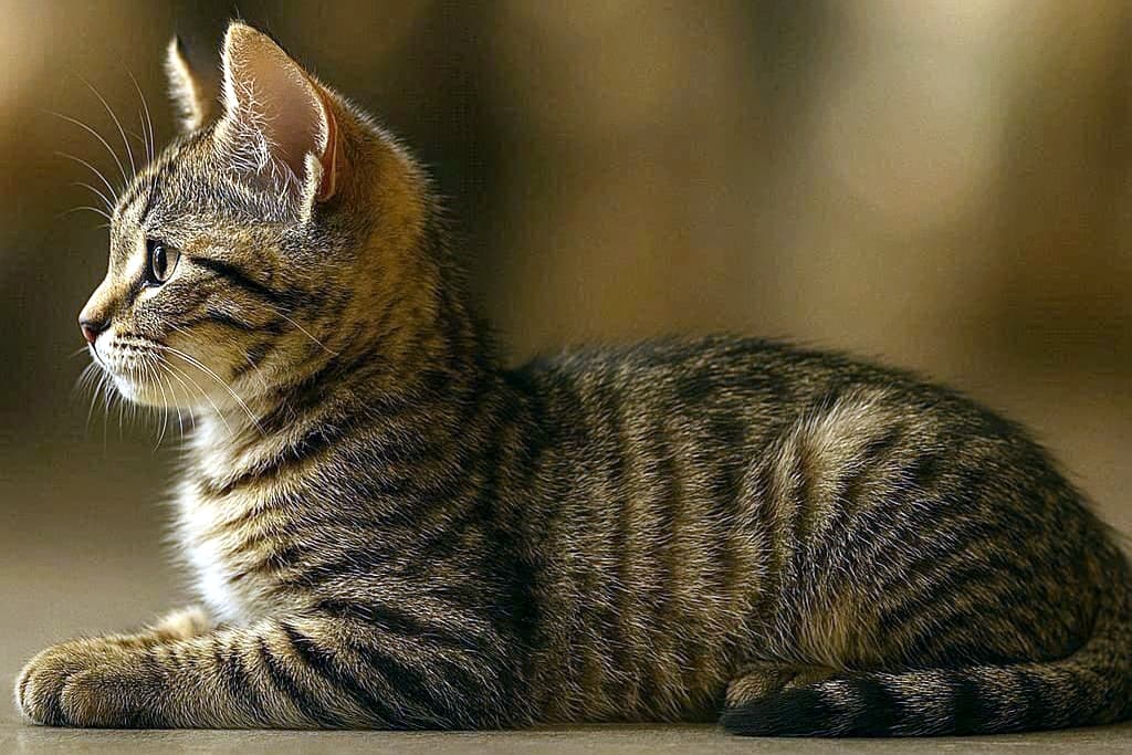 「耳ピン!横顔キリッ!映画みたいな子猫ショットだよ✨」Wide photorealistic image of a tabby kitten in a perfect side profile, lying in a sphinx-like pose facing left. Shot at eye level with cinematic lighting and detailed fur texture. 左向きにスフィンクスのような姿勢で横たわる子猫の横顔。映画風のライティングと毛並みの質感が際立つ高精細なワイド写真