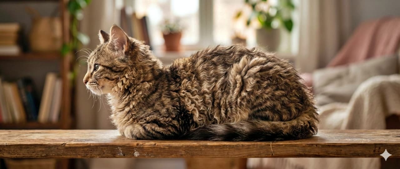 「くるくる巻き毛がチャームポイント🌀 ラパーマ子猫、個性的なヘアスタイルでスフィンクス座り。おしゃれです✨」A high-resolution side-profile shot of a LaPerm kitten lying in a Sphinx-like pose on a wooden surface, facing left. The soft indoor lighting emphasizes the incredibly detailed texture of its unique "Curly Tabby" coat, showing the ripples and waves of its fur against a bokeh background. 柔らかな光が差し込むリビングの木製テーブルの上で、スフィンクス座りをして左を向いているラパーマの子猫の全身写真。名前の由来でもある「天然の巻き毛(カーリーコート)」のうねるような質感が詳細に描写され、キジトラ模様が立体的でユニークに見えるフォトリアルな一枚