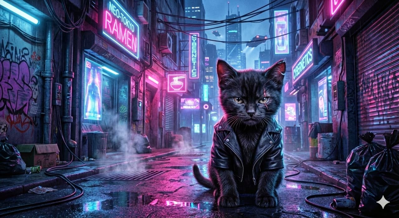 「ネオ東京の裏路地で発見!⚡ 革ジャン姿の黒猫、ハードボイルドな眼光にシビれます😎🌃」A photorealistic image of a tough-looking black kitten wearing a leather jacket, sitting in a neon-lit cyberpunk alleyway. The wet pavement reflects the glow of pink and blue neon signs, including one reading "NEO-TOKYO RAMEN." The kitten has a small scar on its cheek and a piercing gaze, set against a futuristic city background. 「NEO-TOKYO RAMEN」などのピンクや青のネオンサインが輝くサイバーパンクな路地裏で、黒い革ジャンを着た黒猫の子猫が座っている。雨で濡れた路面にネオンが反射し、頬に小さな傷がある強面の子猫が鋭い眼光を向けている、高コントラストでドラマチックな未来都市の画像