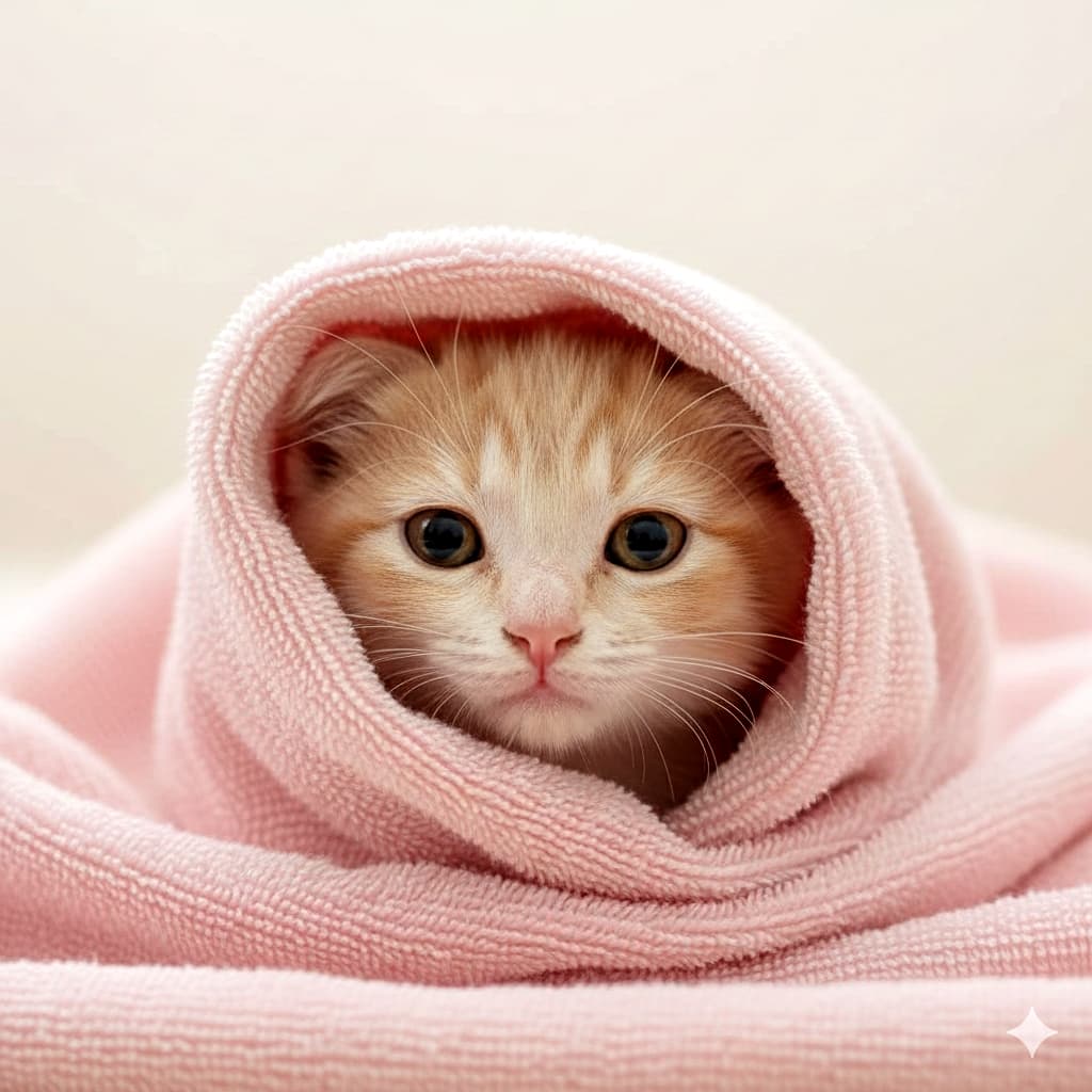 「ピンクのふわふわに包まれて、究極の猫おくるみ状態ニャ…🌸 このまま夢の中までひとっ飛びだニャ💤」A cute ginger kitten snugly wrapped like a burrito in a soft, fluffy, pastel pink towel. Only its small face is visible, looking directly at the camera with a calm and cozy expression. 柔らかくふわふわしたパステルピンクのタオルに、おくるみのように包まれた茶トラの子猫。顔だけをちょこんと出した、温かそうで穏やかな表情の至近距離ショット