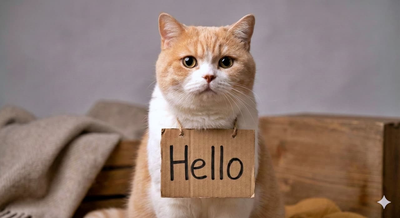 「つぶらな瞳で「Hello」のご挨拶!🐾 看板持ってこっち見てる姿、可愛すぎて反則レベル…!😍 もふもふしたい人手挙げて✋」A cute fluffy cat looking at the camera with big round eyes, holding a small cardboard sign that says "Hello", soft studio lighting, clean composition. 「Hello」と書かれた小さなダンボールの看板を前足で持っている、目がくりくりの可愛いふわふわな猫。ソフトなスタジオ照明で撮影されたカメラ目線のショット
