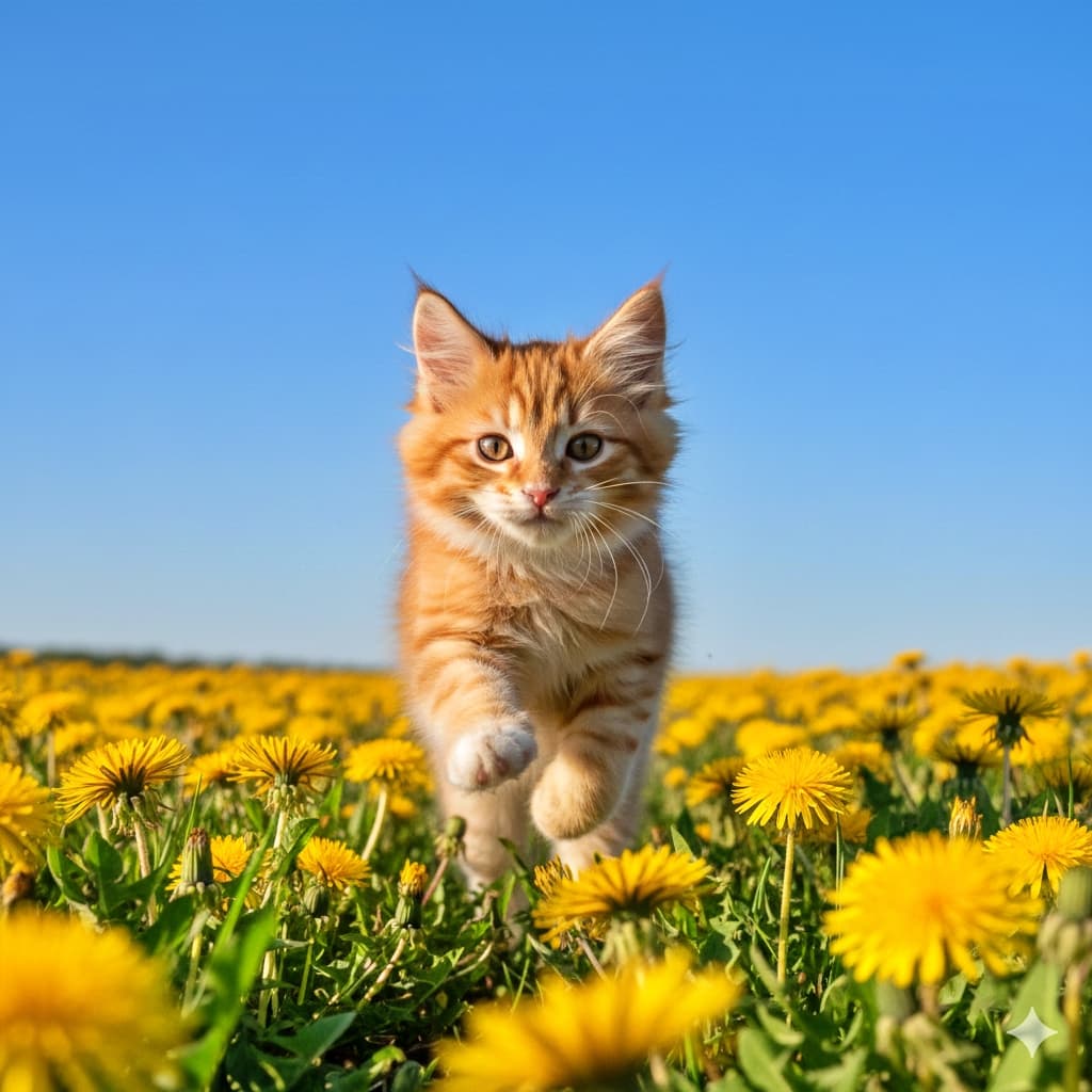 「たんぽぽの海を猛ダッシュ!春の光を全身に浴びて、元気100%で駆け抜けるニャ🐾🌼」A dynamic low-angle shot of a fluffy kitten running energetically through a bright field of yellow dandelions under a clear blue sky, with its ears flapping and paws lifted mid-air. 鮮やかな青空の下、満開のたんぽぽ畑をカメラに向かって力いっぱい走ってくるふわふわの子猫。耳をなびかせ、前足を浮かせて躍動する、元気いっぱいの明るいショット